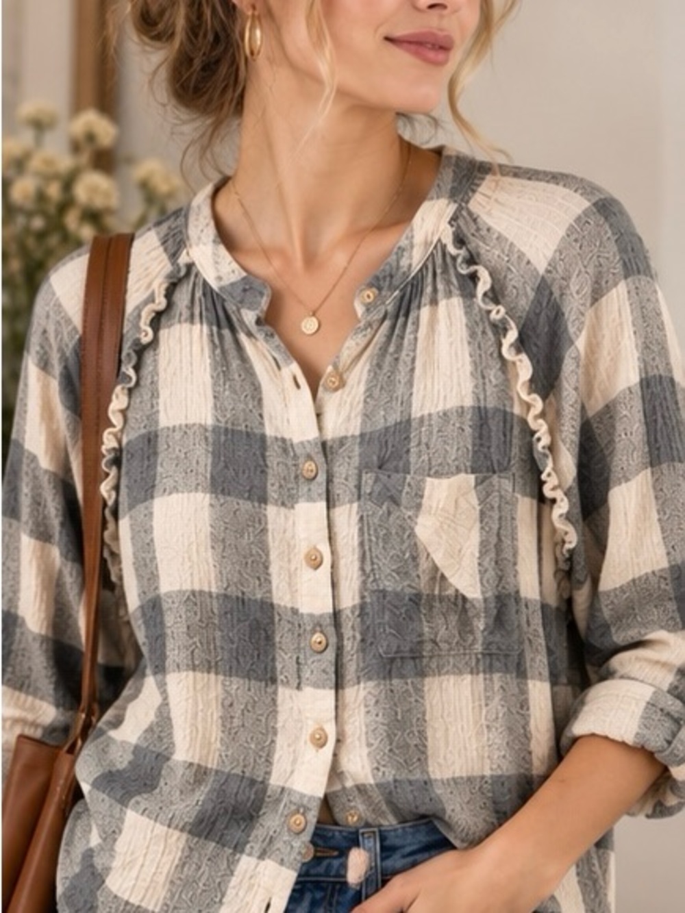 Anthropologie Pilcro Breezy Plaid Ruffled Buttondown Shirt Grey Cream S